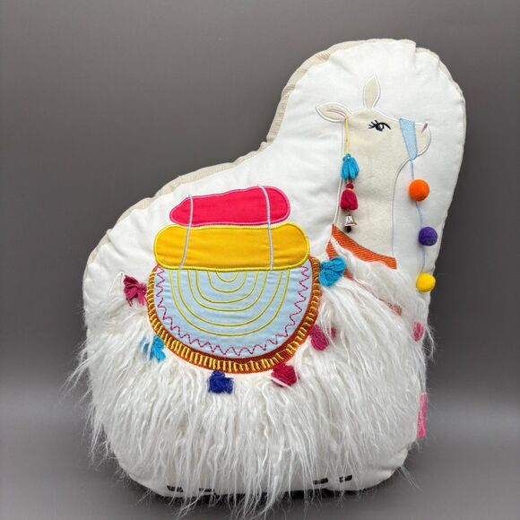 Isaac Mizrahi Decorative Pillow Llama Alpaca Boho Pom Pom Tassels Faux Fur Tibet - Picture 1 of 8